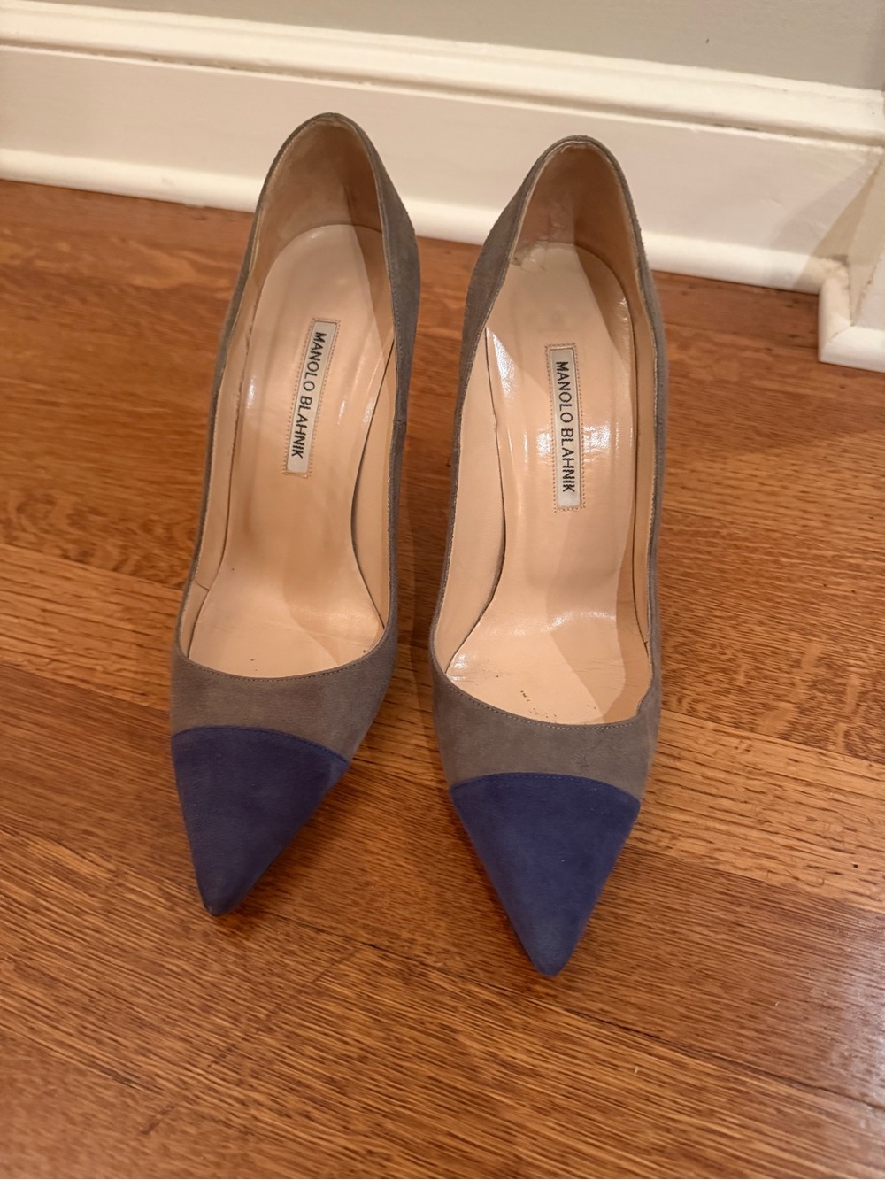 Manolo Blahnik Gray Suede Pumps with Blue Cap Toe